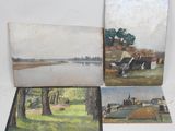 three paintings of a farm scene with a river in the background