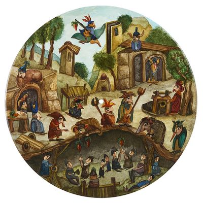 une image représentant un tableau où l'on voit des villageois au-dessus desquels vole un oiseau