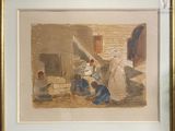 a picture of a painting of a man and a woman in a kitchen