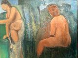 un tableau représentant deux nus assis sur un banc
