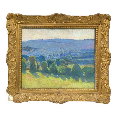 une image d'un tableau représentant un paysage avec des arbres au premier plan