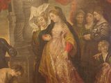 painting of a painting of a woman surrounded by men and a dog