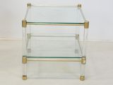 three tiered glass and brass coffee table with brass legs
