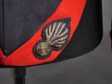 an image of a red and black uniform with a silver button on it