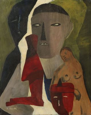 une image représentant un tableau où l'on voit une femme tenant un chien dans ses bras