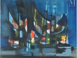 abstract painting of boats in a harbor at night time