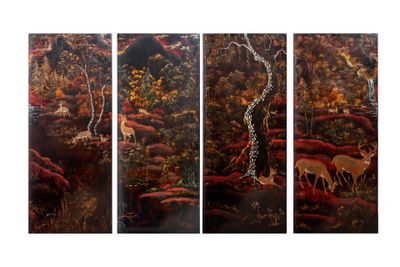 three panels of a painting of a giraffe and a deer in a forest