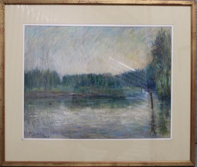 a picture of a painting of a lake in the woods
