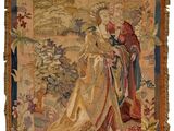 une tapisserie ancienne représentant une femme et un enfant dans un paysage