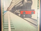 affiche de voyage vintage représentant un train sur les rails, d'où s'échappe de la fumée