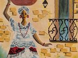 tableau représentant une femme en robe blanche, coiffée d'un chapeau rouge