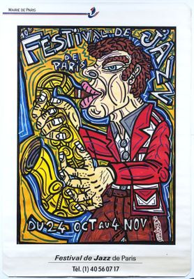 tableau représentant un homme jouant du saxophone devant une affiche
