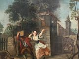 tableau représentant un homme et une femme dansant dans un village