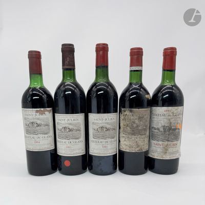 six bouteilles de vin sont alignées sur une surface blanche