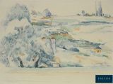 une aquarelle représentant une plage avec des rochers et des arbres