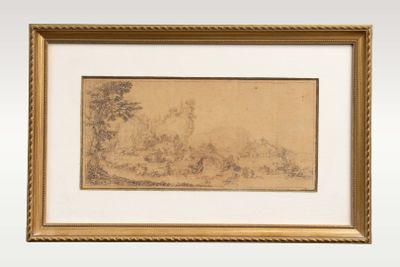 un dessin représentant un paysage avec des arbres et une rivière au premier plan