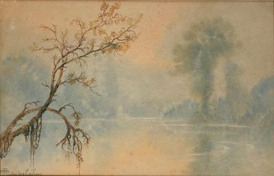 a picture of a painting of a tree by the water