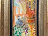 une peinture à l'huile représentant un panier de fruits posé sur une table, à côté d'un vase