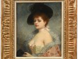 un tableau représentant une femme coiffée d'un chapeau et vêtue d'une robe, tenant un éventail