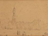drawing of a view of a town with a clock tower in the distance