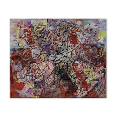 une peinture abstraite représentant des fleurs dans un vase posé sur une table