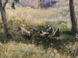 a painting of a group of chickens in a field