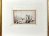 un tableau représentant un bateau sur l'eau, avec un homme à bord en arrière-plan