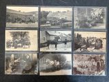several old black and white photographs of people and animals in a town