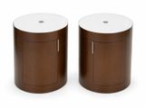 two round side tables with a white top and a brown base