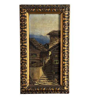 un tableau représentant une scène de village avec une maison en bois et une montagne en arrière-plan