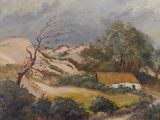 une peinture à l'huile représentant une maison sur une colline, avec un arbre au premier plan