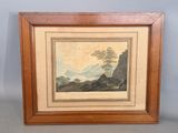 un tableau représentant un paysage de montagne avec un arbre au premier plan
