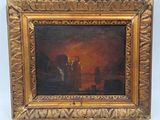 an oil painting of a castle with a fire in the sky