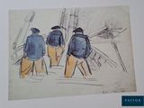 tableau représentant trois hommes vêtus de vestes bleues et de pantalons jaunes, debout devant un bâtiment