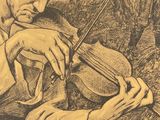 dessin représentant un homme jouant du violon devant un cheval