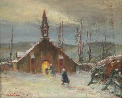 une peinture à l'huile représentant une église sous la neige, devant laquelle passent des gens