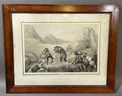 an old picture of a bear attacking a man with a gun