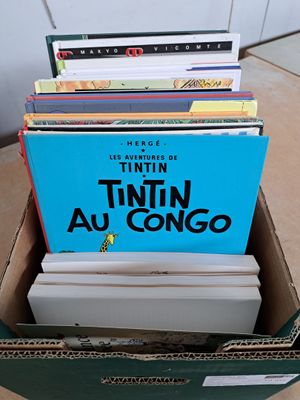 une boîte pleine de livres posée sur le sol