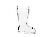 a glass boot shaped vase sitting on a white surface