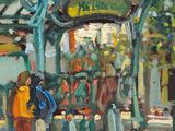 an oil painting of people walking down a sidewalk in front of a covered area