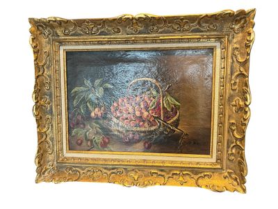 an oil painting of a basket of flowers on a table
