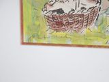 a painting on the wall of a kitchen with a basket of food