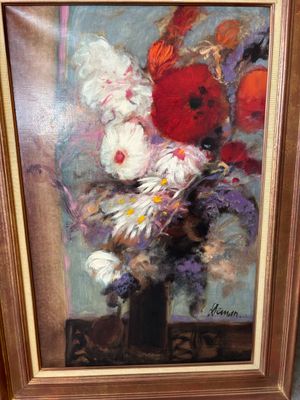 une peinture de fleurs dans un vase sur une table