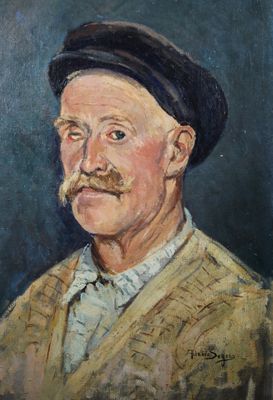 une peinture à l'huile représentant un homme moustachu et coiffé d'un chapeau