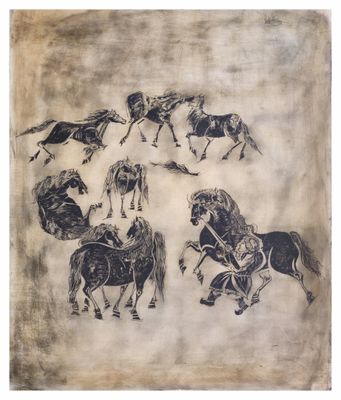 an image of a drawing of horses and riders on a wall