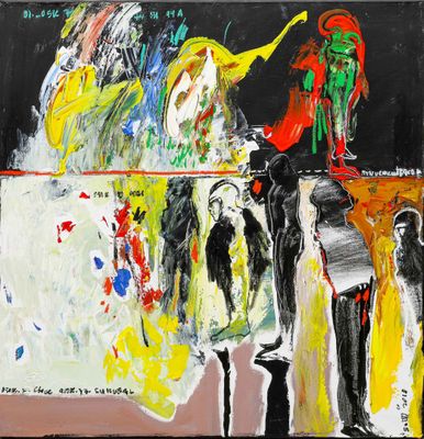 une image représentant un tableau où l'on voit des personnes debout devant un fond noir
