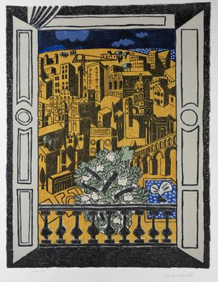 une image représentant un tableau où l'on voit un vase de fleurs devant une fenêtre