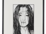 a black and white photo of a woman with long hair