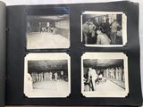 several black and white photos of a group of people standing in a room