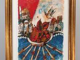an image of a painting on a easel with a bird flying over it